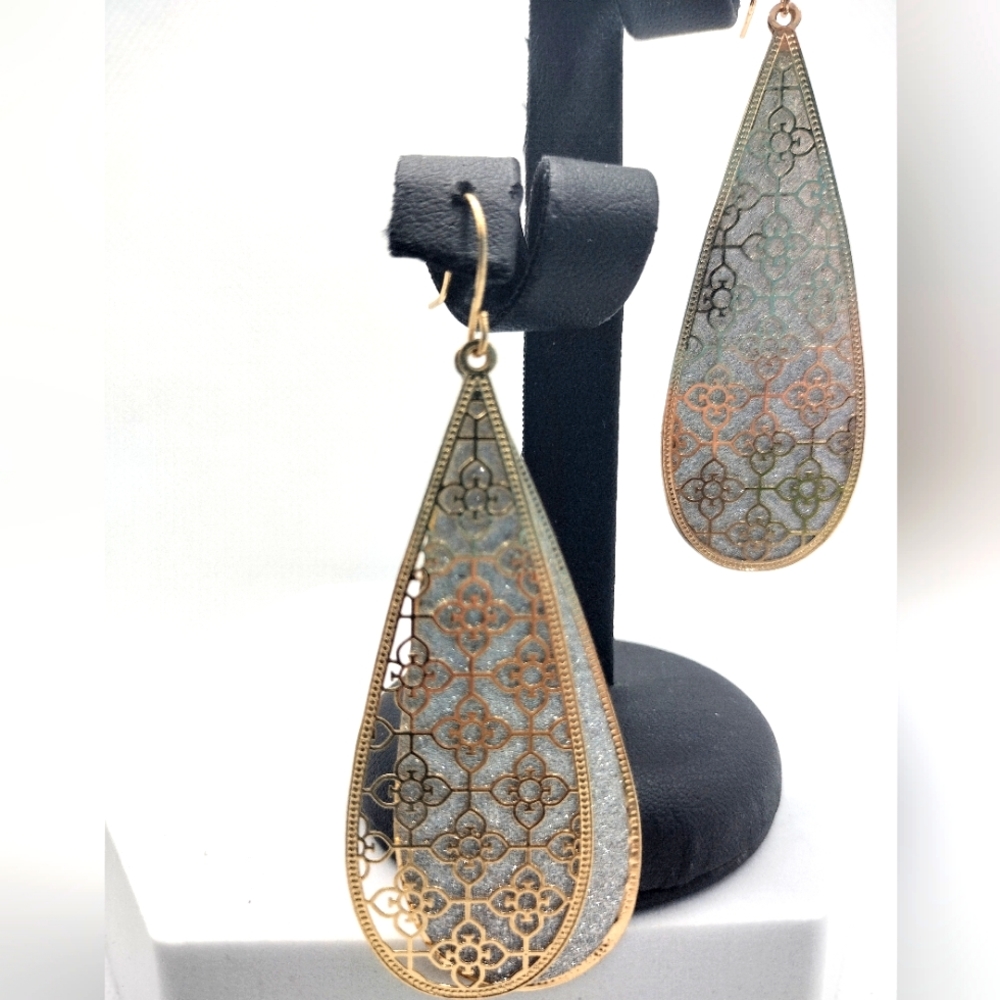 Fashion Long Silver Glitter with Gold Toned Flower Metal Top Teardrop Earrings